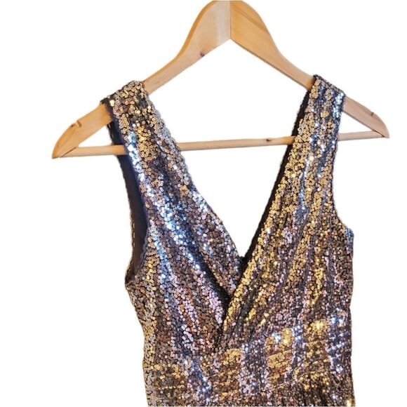 Kate Kasin Silver Black Sequin Bridesmaid Sleeveless Maxi Evening Prom Dress 2 - Picture 7 of 15